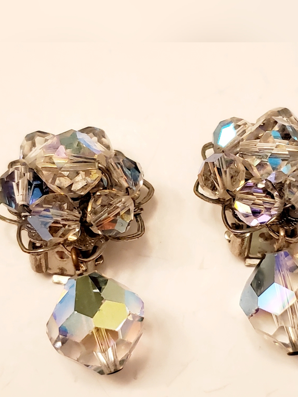 Aurora Crystal Cluster Dangle Drop Clip-On Earrings, Vintage Beauty